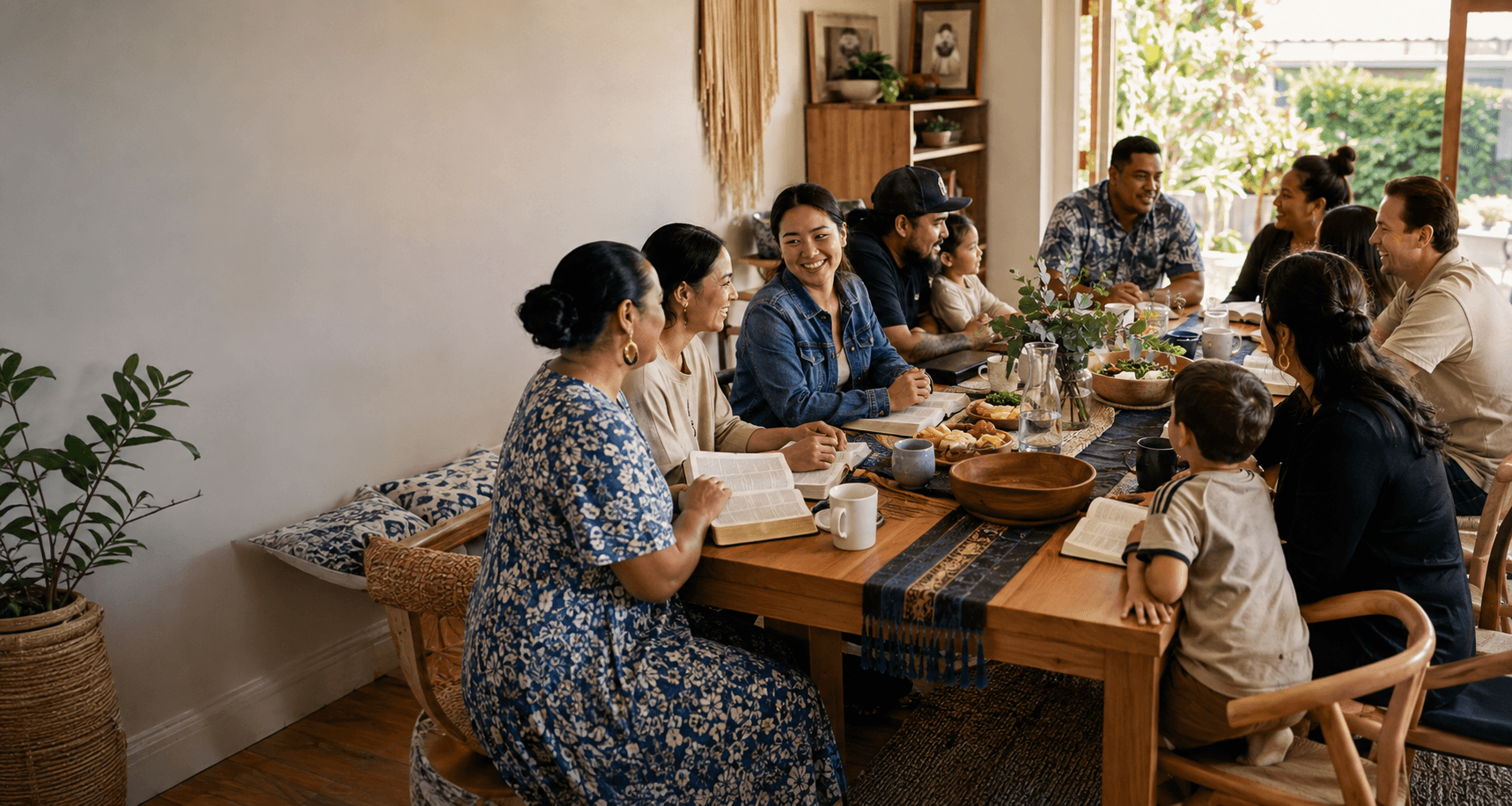 A diverse Auckland community sharing food, Scripture and fellowship around a table